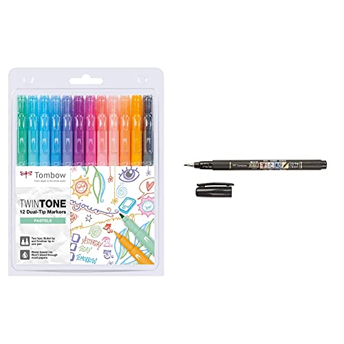 Tombow Set De 12 Rotuladores Twintone Pastel + WS-BS Fudenosuke - Pluma escobilla, punta blanda, tinta negra