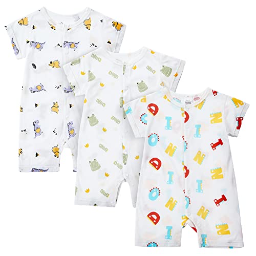 MICHLEY Monos de Dibujos Animados para Bebés Pijama de Manga Corta de Algodón Suave de Bambú para el Verano de 12 a 24 Meses, Rana Dinosaurio Alfabeto, Pack de 3