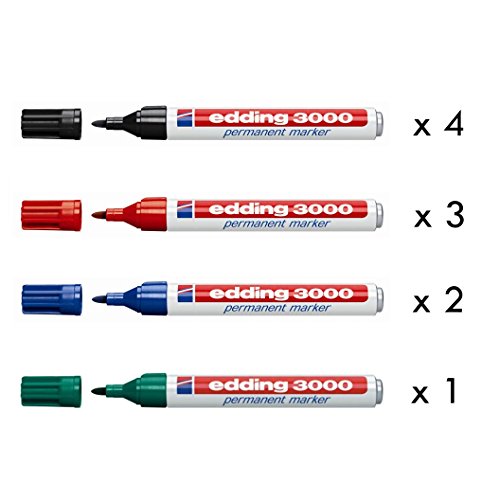 Rotulador Edding 3000, Caja 10 Unidades Surtido (4 Negro, 3 Rojo, 2 Azul, 1 Verde)