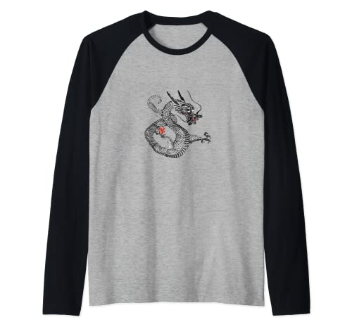 Pintura tradicional del dragón japonés | Camiseta gráfica regalo Camiseta Manga Raglan