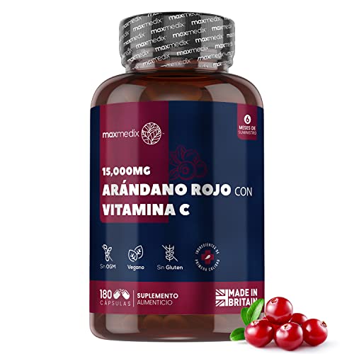 Arándano Rojo 15.000 mg 180 Cápsulas Veganas - Suplemento Natural con Vitamina C del Ácido Ascórbico, Extracto de Arándano Rojo Concentrado 50:1 de Alta Absorción, Suministro Para 6 Meses