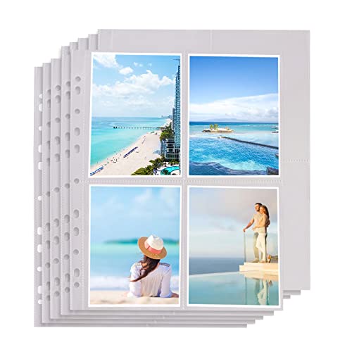 100 Piezas A4 Fundas para Fotos, 10 x 15 cm Funda para Postales con 11 Anillas, Transparentes Fundas 4 Bolsillos para Almacenar Tarjetas Postales Fotos, Album Fotos Fundas