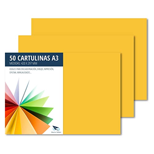 Raylu Paper® - Cartulinas A3 50 Unidades, 180g/m², 420 x 297 mm. Cartulinas A3 de colores con tacto suave, perfectas para encuadernación, oficina, dibujo y manualidades. (Amarillo canario)