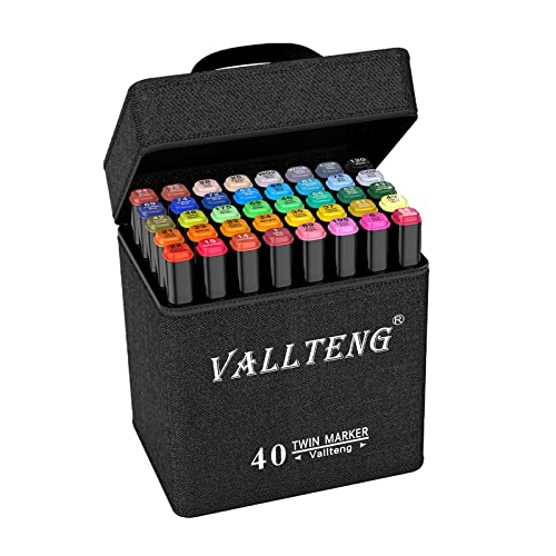 Vallteng - Estuche de rotuladores artísticos permanentes de 40 colores, rotulador doble, punta fina, diseño de animación, con estuche negro.