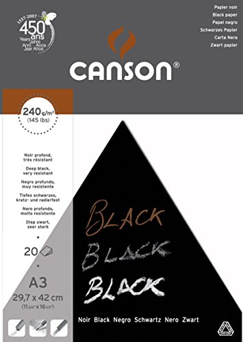 Canson Bloc Encolado, A3, 20 Hojas, Canson Black, Grano Fino 240g Negro