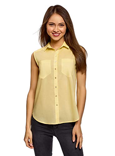 oodji Ultra Mujer Top de Algodón con Cuello de Camisa, Amarillo, ES 38 / S