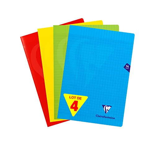 Clairefontaine, 294161AMZ, Lote de 4 Cuadernos grapados, Mimesys, A4 (21x29,7 cm), 96 Páginas, Cuadrados Grandes, Papel Blanco 90 gr, Polipropileno (Azul, Rojo, Amarillo, Verde)