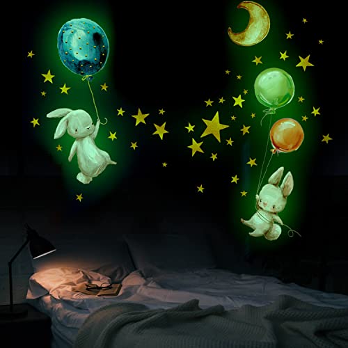 48 pegatinas de estrellas fosforescentes de techo, luna estrellas conejitos y globos de pared fluorescente para niños, pared luminosa, pegatinas para bebé, habitaciones de niños, techo decoración