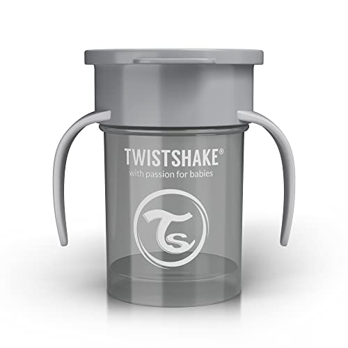 Twistshake 360 Cup Vaso Antiderrames Entrenamiento con Asas Bébé 230 ml, Borde a Prueba de Derrames de 360°, Ergonómicas Vasos con Boquilla, Taza de Aprendizaje, Sin BPA, 6+ Meses, Gris Pastel