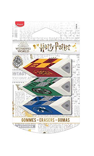 Maped - Goma de Borrar - Colección Harry Potter - Pack con 3 Unidades - Gomas de Borrar con Forma Piramidal - Agarre Sencillo - · Diseños de las Casas de Hogwarts