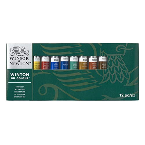 Winsor & Newton Winton - Set Studio de pinturas al óleo , 8 tubos de 21 ml colores surtidos + 1 blanco 37ml + 1 liquin 75ml + 2 pinceles Winton