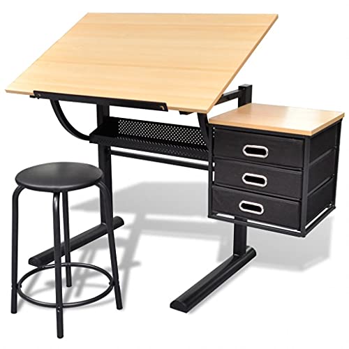 Chenshu Mesa de dibujo con tablero inclinable de 3 cajones y taburete, mesa de dibujo para adultos, mesa de dibujo, arquitecto, mesa de trabajo, escritorio, tablero de dibujo, tablero de dibujo,