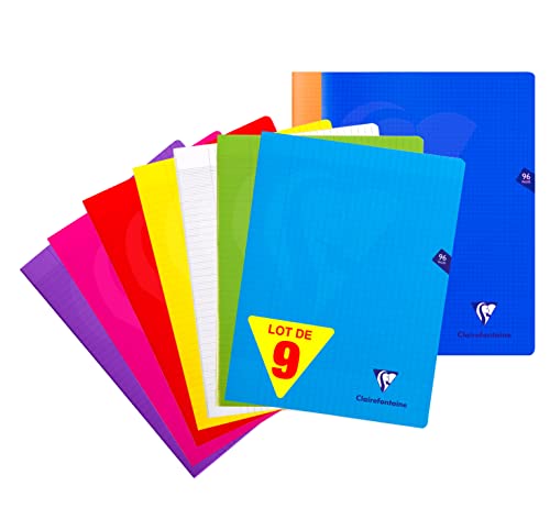 Clairefontaine 323361AMZC - Un lot de 9 cahiers Mimesys 96 pages 24x32 cm 90g : 7 en grands carreaux (bleu, rouge, jaune, vert, violet, rose et incolore) + 2 en petits carreaux (bleu marine et orange)