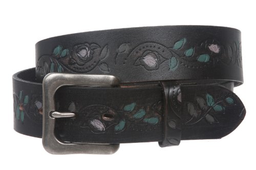 Cinturón de piel de grano completo de 3,8 cm con grabado floral de árbol curtido al óleo vintage