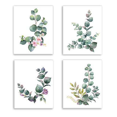 KAIRNE Juego de 4 Póster para Hoja,Moderno Planta Pared Póster,Verde Planta Pared Cuadro Decorativo para Salón,Flor Impresiones de Arte Cuadros Decoración Cuarto de Baño/Dormitorio,20*25CM,Sin Marco