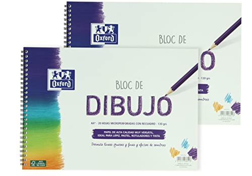 Oxford, Bloc Dibujo A4+ Espiral. Tapa Blanda, Contratapa Rígida, 20 Hojas. Papel 130 gr con Recuadro, Pack 2 Unidades