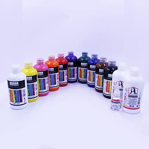 SÜDOR® Set de pintura acrílica para podar de acrílico, 25 ml de aceite de silicona y 2 unidades de 250 ml cada uno de ellos de acrílico medio + 10 unidades de 250 ml de pinturas acrílicas