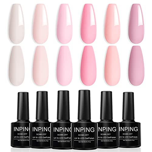 INPING Esmalte de Uñas de Gel Rosa Semipermanente, 6 Color Bebés Rosa Desnudo Dulce Amor Pintauñas Gel, Camelia Rosa Pastel Jalea Rosa Claro Desnudo Pintauñas Semipermanente UV para Mujere