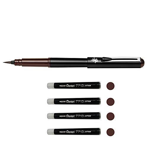 Pentel GFKPN-SP0 Bolígrafo con tinta sepia de pigmentos para caligrafía, bocetos, dibujos en sepia con 4 cartuchos