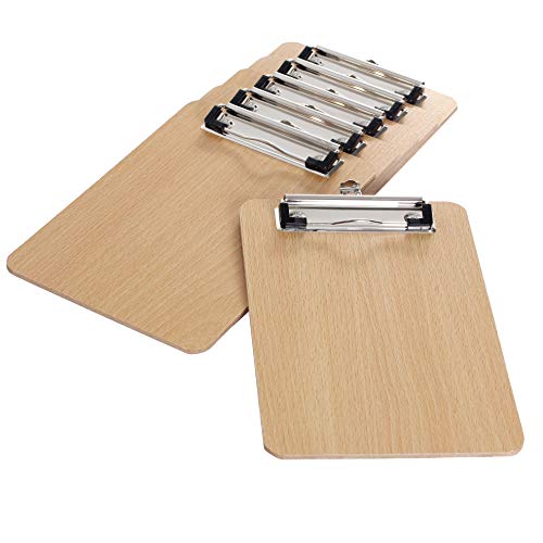 TUKA [6x] A5 Portapapeles de Madera con Pinza, 4mm de espesor, abrazadera de metal recubierto de goma, Tablero de escritura A5 para el Trabajo Diario - Tablero de Densidad - pack de 6, TKD8010