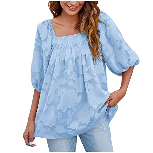 beetleNew Camisa casual sexy de verano con cuello cuadrado de gasa con textura floral y manga farol, azul claro, XL