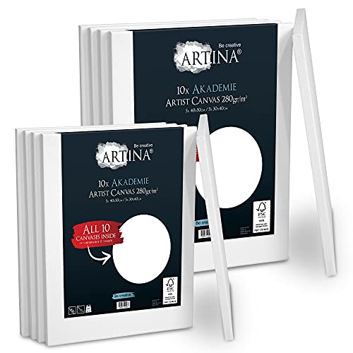 Artina Set de 10 Lienzos Akademie con certificación FSC® - 5x 40x50 cm & 5x 30x40 cm 100% algodón Lienzo y Bastidor Blancos - 280g/m² - no se deforma