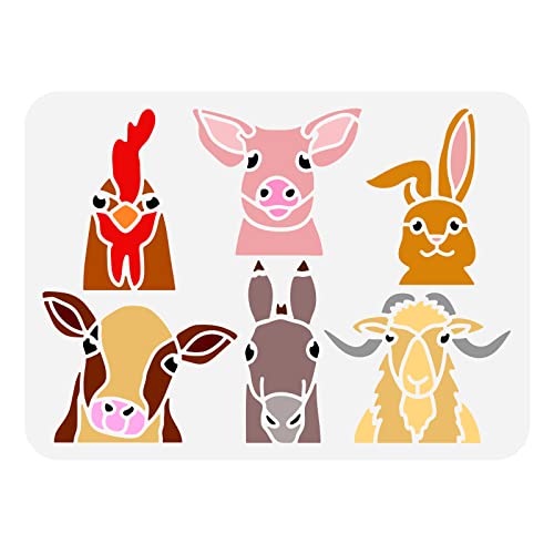 FINGERINSPIRE Plantilla Animal Granja 29,7x21cm Plantilla Dibujo Cabeza Animal Reutilizable, para Pollo, Cerdo, Conejo, Vaca, Caballo, Oveja, para Pintar en Pared, Madera, Muebles, Tela y Papel