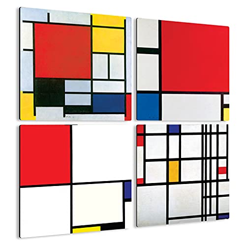 Giallobus - 4 Cuadrados de Paneles múltiples - Piet Mondrian - Las Obras más Bellas de Mondrian - Colección 1 - Madera de MDF - 29,7x29,7 - x 4 Piezas