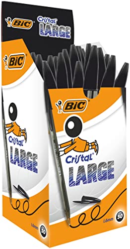 BIC Cristal Large - Bolígrafos de punta gruesa (1.6 mm), óptimo para oficinas, caja de 50 unidades, color negro