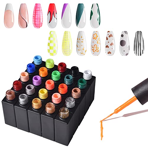 Frenshion 25Pcs Kit Set 8ML Clásico DIY 3D Diseños de uñas de gel esmalte de uñas de gel pintado, pintura, dibujo, UV, LED, delineador de gel, lápiz de esmalte, lápiz de línea para salón de manicura