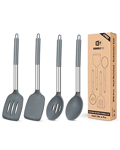 Juego de 4 utensilios de cocina de silicona, espátulas grandes antiadherentes, cucharas ranuradas grises resistentes al calor, ideales para freír, mezclar, servir, drenar, girar, agitar