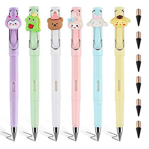 FainFun Lápices Sin Tinta Eterno, 6 Piezas Lápiz Sin Tinta con 6 Minas de Lápiz, Lápiz Eterno Infinito con Borrador, Lápiz Infinito Reutilizable para Niños, Bolígrafo Eterno para Escribir Dibujar (K)