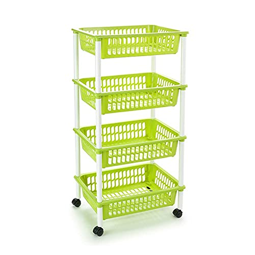 Tradineur - Carro verdulero verde pistacho modelo PLFT con ruedas 4 cestas 85 x 40 x 30 cm Carrito portaobjetos estantes multiusos para organizar los espacios domésticos