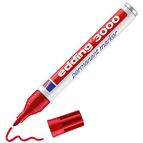 edding 3000 marcador permanente - rojo - 1 rotulador - punta redonda 1,5-3 mm - indeleble de secado rápido - resistente al agua y a los borrones - cartón, plástico, madera, metal, tela - universal