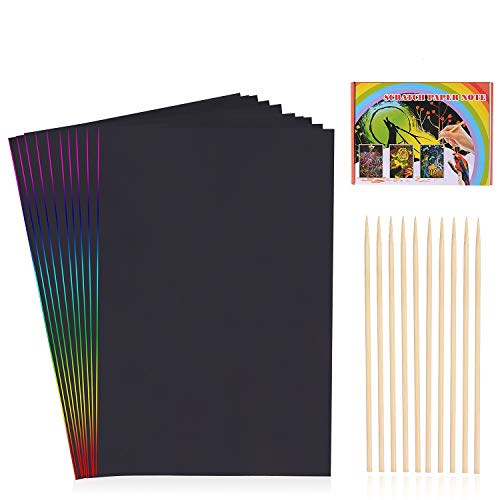 HellDoler Manualidades para Niños,100 Hojas Manualidades para Rascar Scratch Art Cuadernos para Dibujar Papel de Rascar Incluye 4 Plantillas de Plantillas de Dibujo y 10 Lápices de Madera