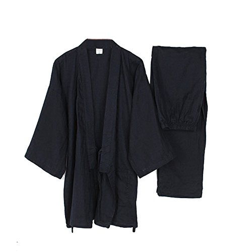 Trajes de Estilo japonés de los Hombres Traje de meditación de Traje de Pijamas de Kimono Fino-Azul Marino XL