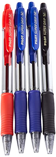 Pilot Supergrip - Bolígrafo retráctil, Tinta base aceite, multicolor, Azul - Azul - Negro - Rojo, 4 Unidades (Paquete de 1)