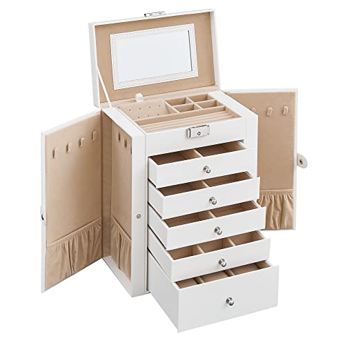 SONGMICS Caja Grande de Joyas, Caja Joyero de 6 Niveles con Puertas Laterales, Cajones, Espejo y Cerradura, para Pulseras, Pendientes, Anillos, Collares, Relojes, Blanco JBC152W01