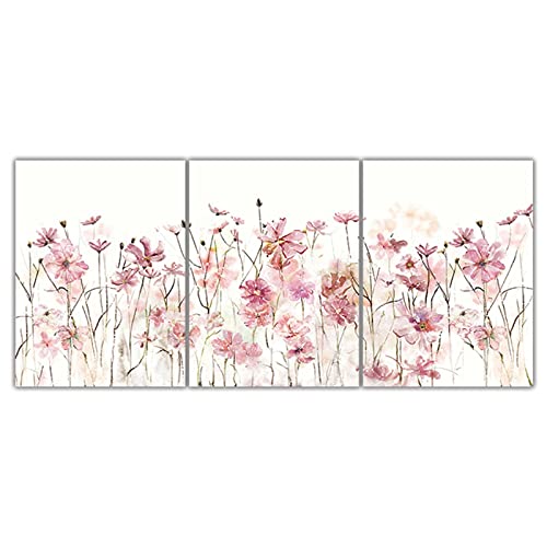 Impresiones en lienzo, pintura nórdica imagen de arte de pared decoración de la sala de estar rosa fresca pequeña flor bosque acuarela paisaje cartel 40x60cmx3 sin marco