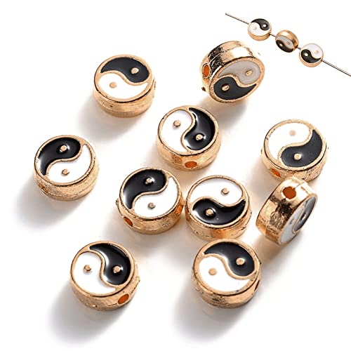 10pcs Yin Yang Beads 10 Mm-tai Gossip Poliméras Cuentas Bulto-negro Plano Redondo Redonda Impresa Espaciador Boquiabierto Hecho a Mano Para Joyas Que Hacen Colas De Pulsera De Bricolaje Artesanías