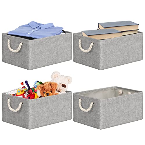 RIWNNI Juego de 4 Cajas Almacenaje, 40 x 30 x 20 cm, Cestas Organizadoras de Tela con Asas y Cubierta con Cordón, Cajas Almacenamiento Plegable para Ropa, Juguetes, Libros, Armario y Estanterías, Gris