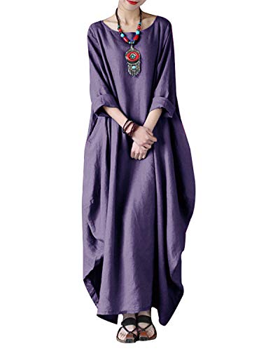 VONDA Vestido Mujer Elegante Manga Larga Playa Talla Cuello Redondo Floral Mujer Vestido Boho con Bolsillos A-violáceo M