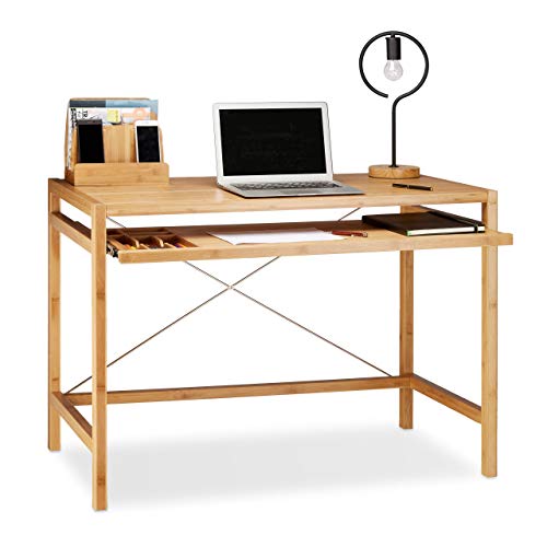 Relaxdays - Mesa de Ordenador, Teclado cajón de Madera, Escritorio de Oficina sólido, HxWxD: 76,5 x 106,5 x 55,5 cm, Color marrón