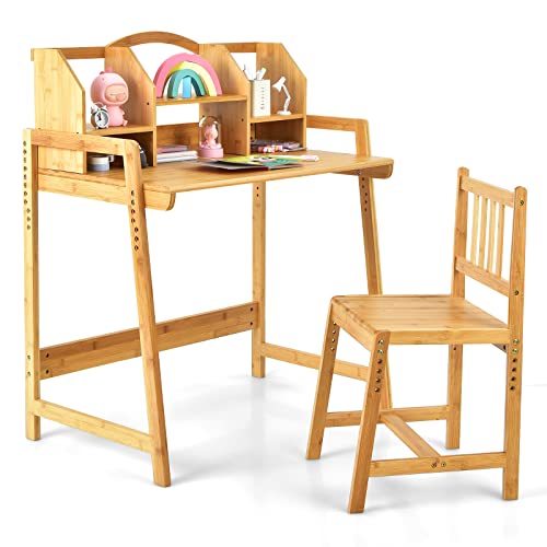 LIFEZEAL Juego de escritorio infantil, Conjunto de mesa y silla de bambú para niños, Silla escritorio juvenil con 5 alturas regulable, Mesa de estudio con estante multicapa