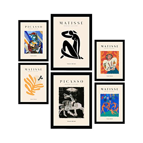 Nacnic Set de 6 Posters de Picasso y Matisse. Pinturas abstractas. Láminas de Fauvismo y Surrealismo para el Diseño y Decoración de Interiores. Tamaños A3 & A4, Marcos Negros.