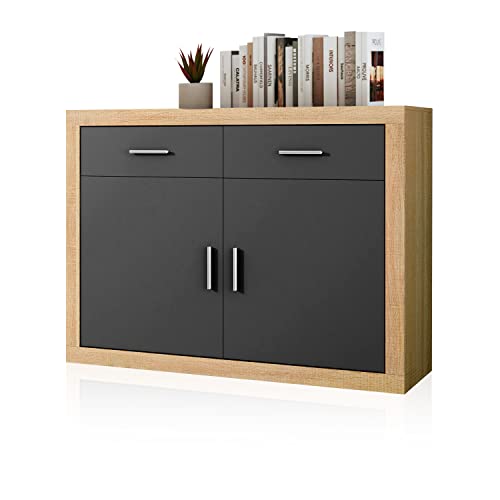 duehome | Mueble Aparador 2 Puertas + 2 cajones, Buffet para Cocina y Comedor, Modelo Nuka, Acabado en Color Cambria y Grafito, Medidas: 120 cm (Largo) x 41,4 cm (Fondo) x 90,2 cm (Alto)