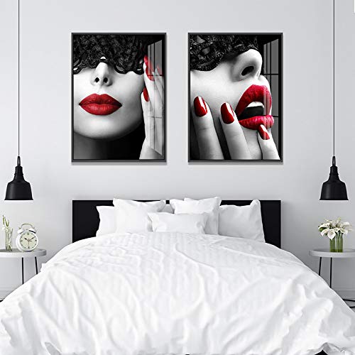 Yooyu Máscara de Encaje de Labios Rojos Moderna Mujer Desnuda Pintura en Lienzo Impresiones impresión nórdica Cartel de Arte de Pared Sala de Estar decoración del Dormitorio 60x80cmx2 sin Marco
