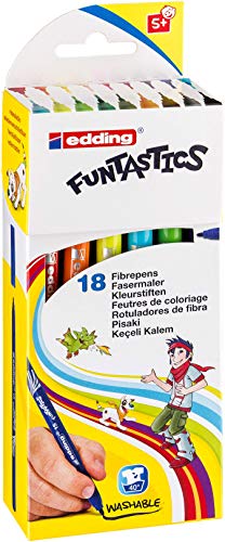edding 15 FUNTASTICS -bolígrafos para colorear para niños-set de 18-colores brillantes-1 mm - para divertirse coloreando sobre papel y cartulina de colores claros - lavable sobre la piel y los tejidos