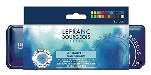 Lefranc Bourgeois Acuarela Fine - Caja de metal de 24 medio godets de acuarela profesional, colores surtidos