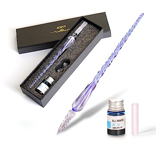 aokuy Pluma de Cristal, Glass Dip Pen Set-Pluma,Firma de Vidrio a mano con portalápice Pluma para manualidades, escritura, firmas, decoración y regalo de negocios